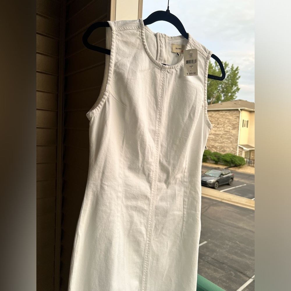 ๐ DL1961 White Denim Sleeveless Stretch Cotton Midi Dress Size L Elegant Summer - Picture 5 of 17